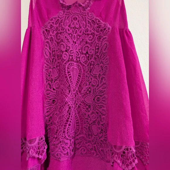 Free People Berry Fuchsia Crochet Lace Mini Dress Layered Hem Swing Dress 10 - Picture 12 of 15